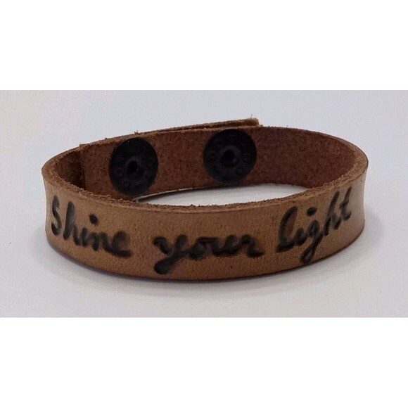 Genuine Leather Tan "Shine Your Light" Script Bracelet 6.5-8 inch Graduation - Picture 4 of 6